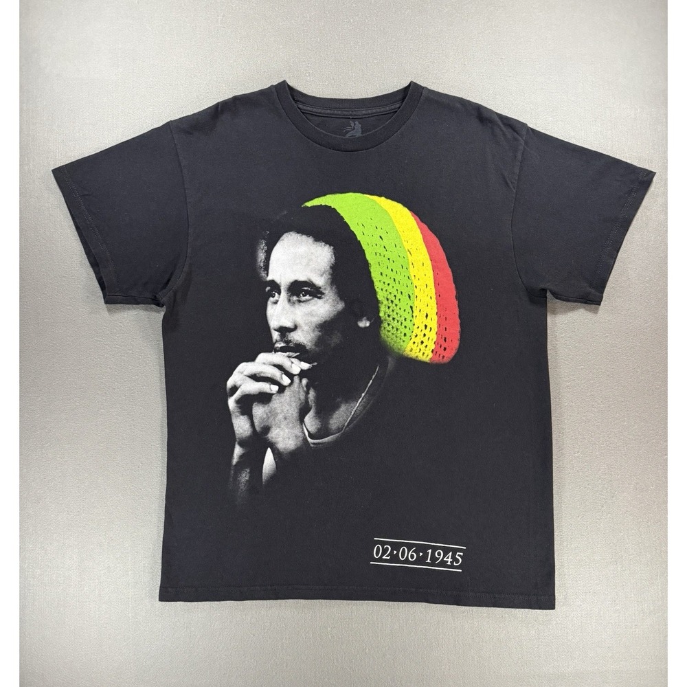 BOB MARLEY BIRTHDAY DATE BLACK TEE SHIRT Size Large Zion Rootswear Rasta VTG